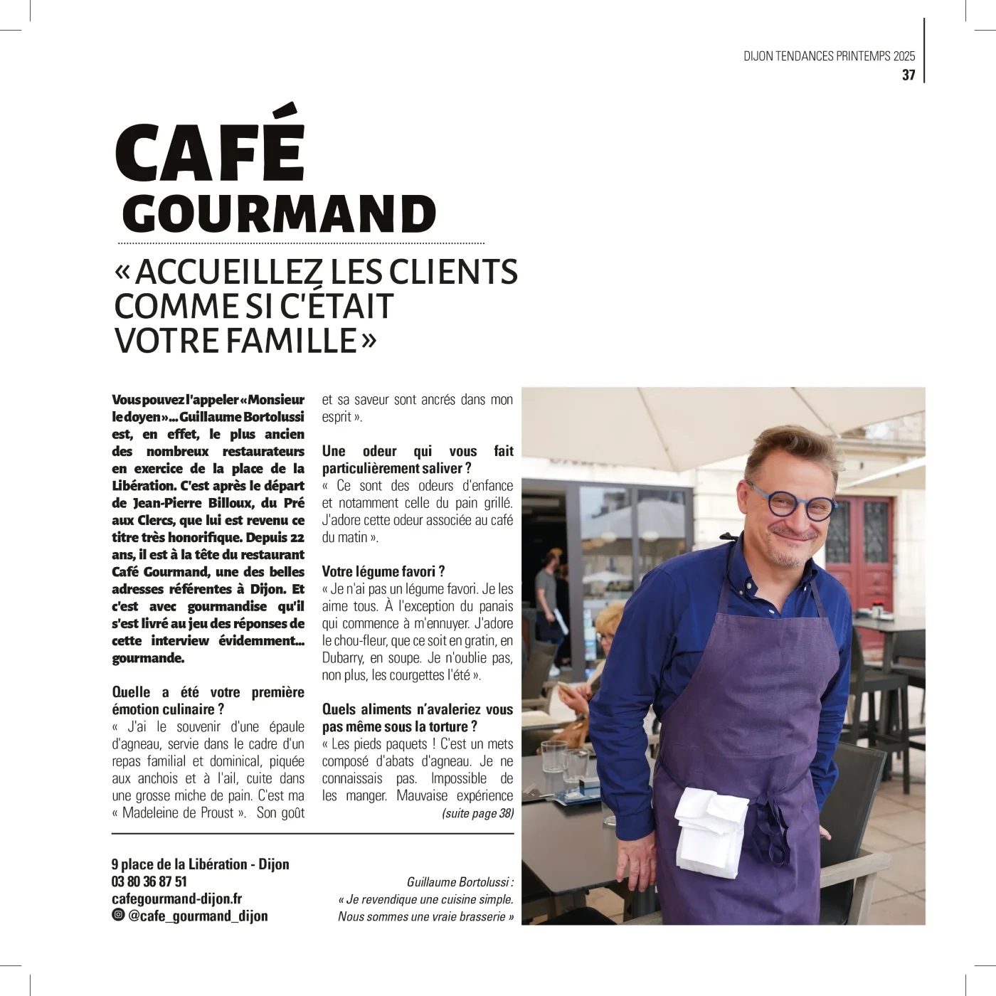 Double page de Dijon Tendances, printemps 2025 : titre « Accueillez les clients comme si c’était votre famille » et portrait de Guillaume Bortolussi en terrasse (page 37).